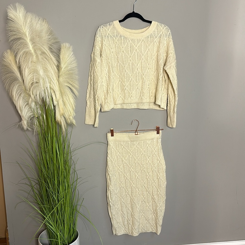 Fashion Nova Cream two piece sweater set with pearls